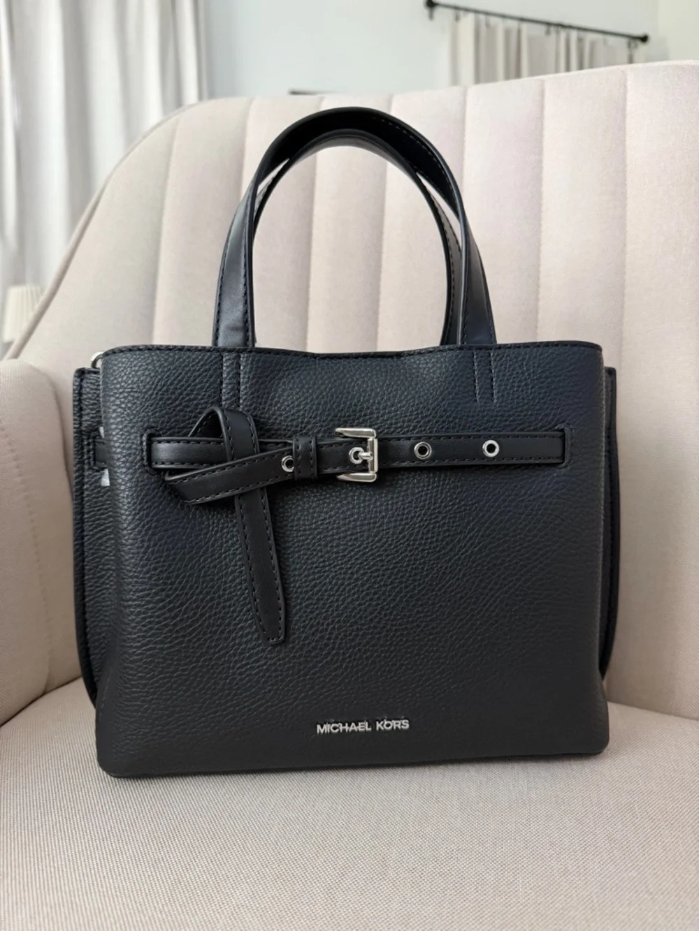 Michael Kors Black Pebbled Leather Satchel with Belt Detail - Picture 1 of 7